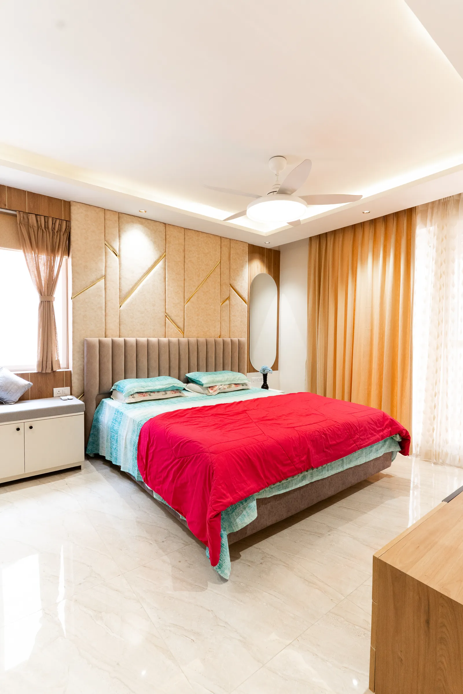 Bedroom with wooden panelled headboard wall — Arna's Home